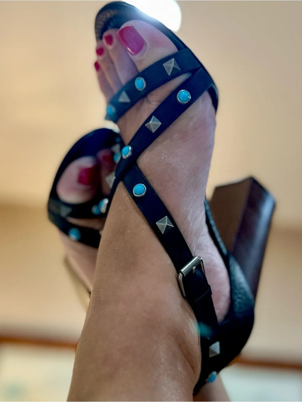 Valentino Black Rockstud Block Heel Sandals with Turquoise Cabochon Accents